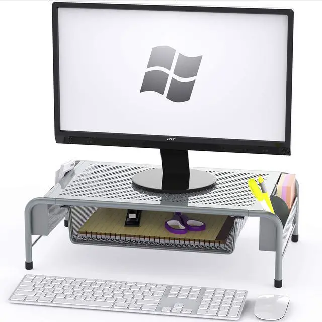 Main image of Simple Houseware Metal Desk Monitor Stand Riser with Organizer Drawer, Silver