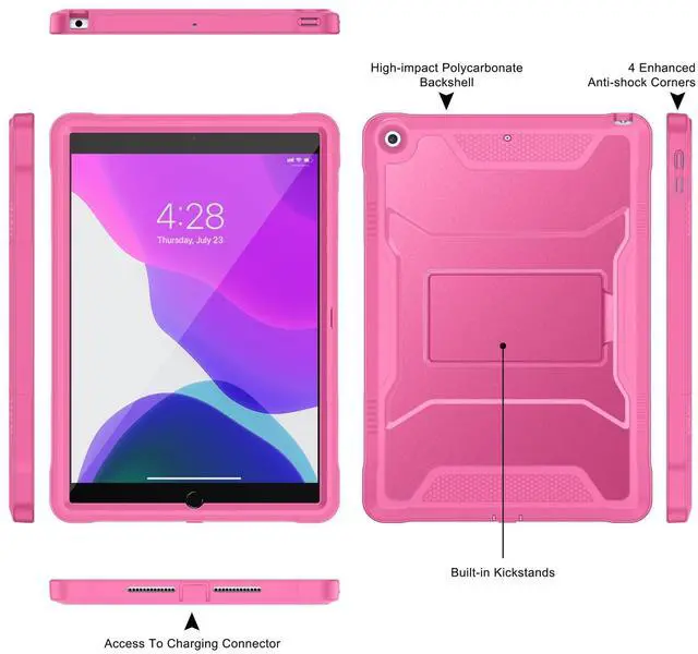 Alt view image 3 of 5 - Soke Case for iPad 9th/8th/7th Generation 10.2-Inch (2021/2020/2019 Release), Shockproof Rugged Protective Cover with Built-in Kickstand for Apple iPad 10.2 Inch - Hot Pink