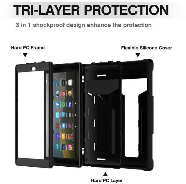 Alt view image 2 of 5 - Shockproof Case for Fire HD 10 Tablet (7th/9th Generation, 2017/2019 Version), Techcircle Multi-Angle Heavy Duty Bumper Defender Child Proof Rugged Case w/Kickstand Silicone Hybrid Cover, Black