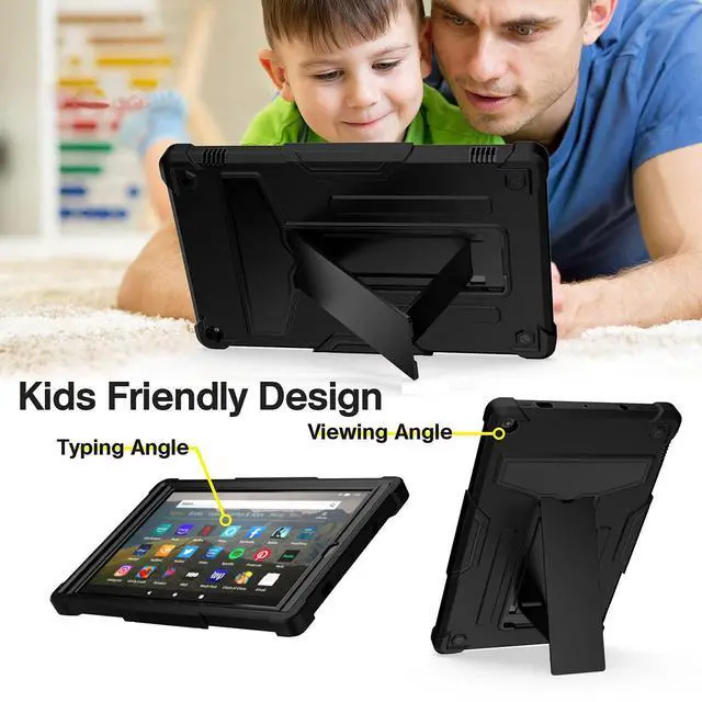 Alt view image 3 of 5 - Shockproof Case for Fire HD 10 Tablet (7th/9th Generation, 2017/2019 Version), Techcircle Multi-Angle Heavy Duty Bumper Defender Child Proof Rugged Case w/Kickstand Silicone Hybrid Cover, Black