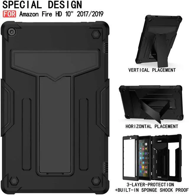 Alt view image 5 of 5 - Shockproof Case for Fire HD 10 Tablet (7th/9th Generation, 2017/2019 Version), Techcircle Multi-Angle Heavy Duty Bumper Defender Child Proof Rugged Case w/Kickstand Silicone Hybrid Cover, Black