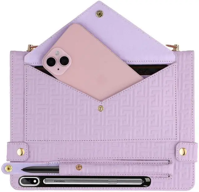Alt view image 3 of 5 - Handbag Case for Samsung Galaxy Tab S10 Ultra/S9 Ultra/S8 Ultra 14.6", Techcircle Elegant Crossbody PU Leather Folio Pocket Stand Cover w/Hand Strap+Shoulder Strap+Pencil Holder+Card Slots, Lavender