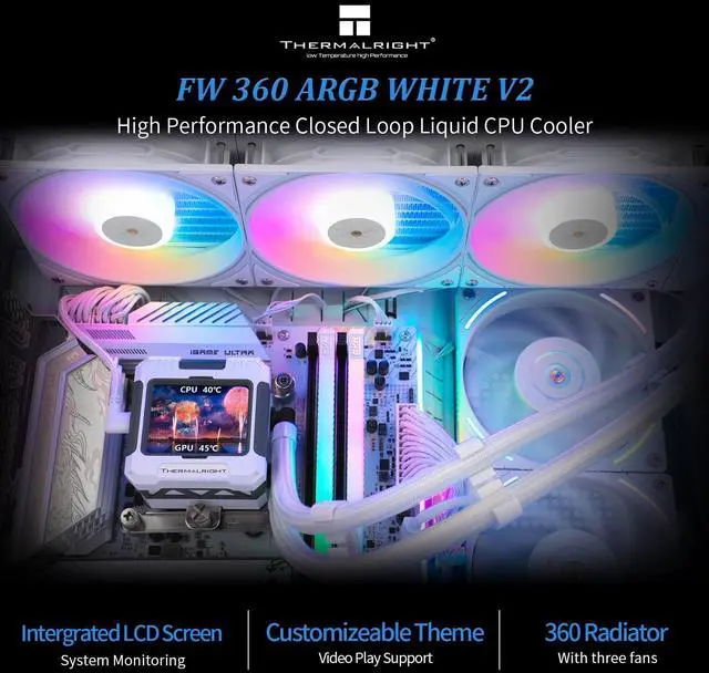 Alt view image 2 of 5 - Thermalright FW 360 White ARGB CPU Water Cooler with 3 PWM Fans, 2000RPM, IPS LCD Screen, 320 * 240 Resolution, AIO Cooler for AMD: AM4/AM5, Intel LGA1700