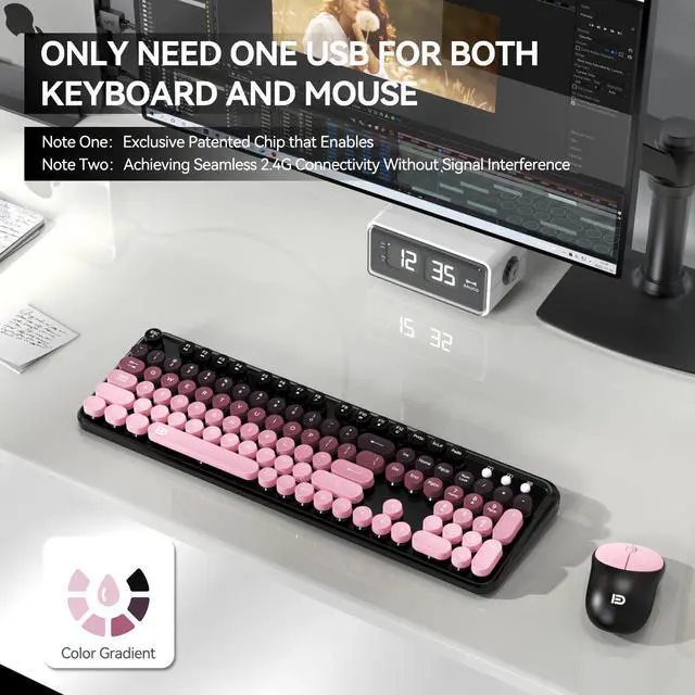 Alt view image 5 of 5 - Wireless Keyboards Mouse Combos, Colorful Cute Typewriter Full-Size Retro Creamy Keyboard, 2.4GHz Sleep Mode Office Quiet Wireless Keyboard and Mouse Set for Desktop Laptop PC Computer-BlackBerry