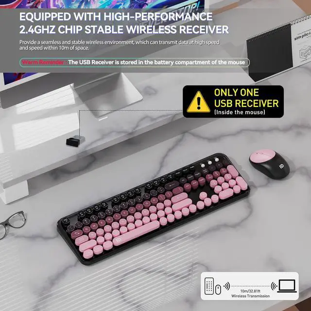 Alt view image 4 of 5 - Wireless Keyboards Mouse Combos, Colorful Cute Typewriter Full-Size Retro Creamy Keyboard, 2.4GHz Sleep Mode Office Quiet Wireless Keyboard and Mouse Set for Desktop Laptop PC Computer-BlackBerry