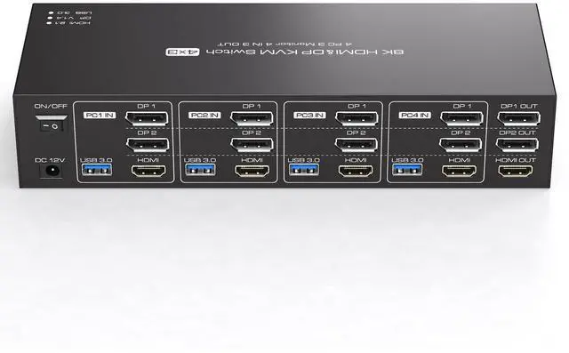 Main image of 4K144Hz HDMI + 2 Displayport KVM Switch 3 Monitors 4 Computers 8K KVM Switches Triple Monitor for Four Computer Share 3 Display and Four USB 3.0 Ports Support Extended/Copy Mode with Infrared Remote