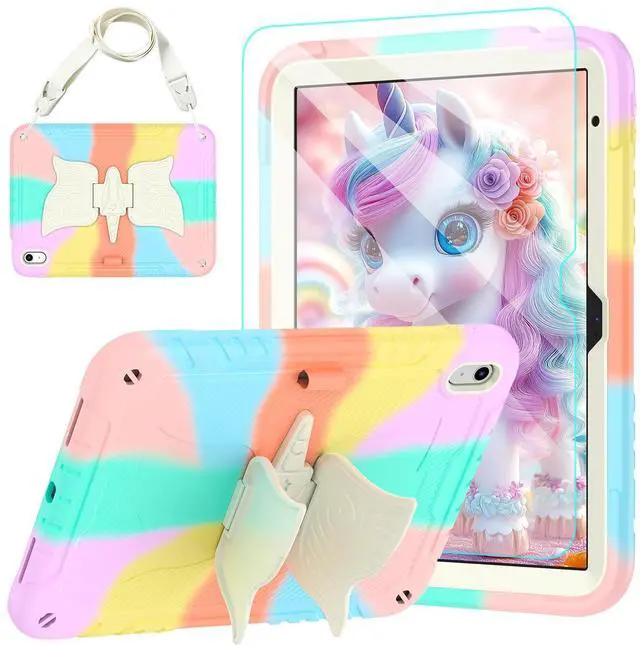 Main image of TOMORRY for iPad (A16) 11th Generation 11 Inch 2025/iPad 10th Generation Case 10.9 Inch 2022 with Tempered Glass Screen Protector,Unicorn Stand,Shoulder Strap,for iPad 10 Case Kids (Colourful Rose)