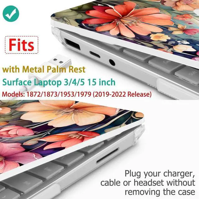 Alt view image 2 of 5 - Tuiklol Case for 15 Inch Microsoft Surface Laptop 5/4/3 2022-2020, Model 1979/1953/1872/1873 Hard Shell Cover, Keyboard Cover+Screen Protector+Dust Plugs,Ilustration Flowers