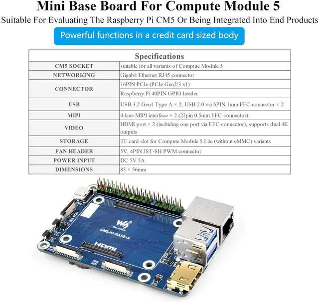 Alt view image 2 of 5 - Mini Base Board Compatible with Raspberry Pi Compute Module 5 Lite/eMMC Series, CM5 Base Board with Color-Coded 40PIN GPIO Header/PCIe/MIPI/HDMI/USB 3.2/USB 2.0 FFC/Gigabit Ethernet Interface,etc.