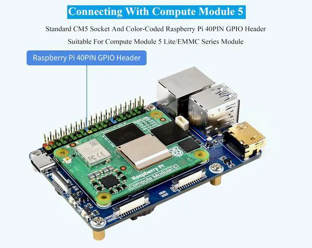 Alt view image 3 of 5 - Mini Base Board Compatible with Raspberry Pi Compute Module 5 Lite/eMMC Series, CM5 Base Board with Color-Coded 40PIN GPIO Header/PCIe/MIPI/HDMI/USB 3.2/USB 2.0 FFC/Gigabit Ethernet Interface,etc.