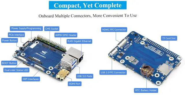 Alt view image 4 of 5 - Mini Base Board Compatible with Raspberry Pi Compute Module 5 Lite/eMMC Series, CM5 Base Board with Color-Coded 40PIN GPIO Header/PCIe/MIPI/HDMI/USB 3.2/USB 2.0 FFC/Gigabit Ethernet Interface,etc.