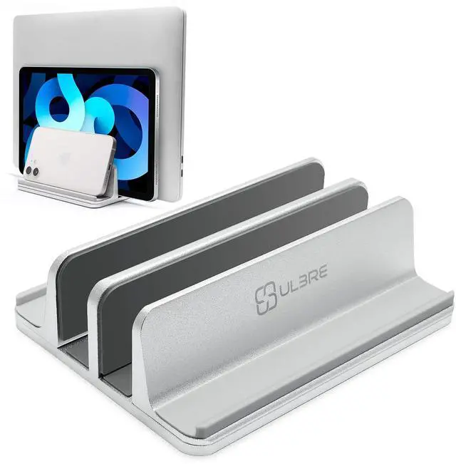 Main image of ULBRE Vertical Laptop Stand for Desk Aluminum Heavy Duty, 4 Slots Adjustable Laptop Holder MacBook Stands Compatible All iPad Surface Samsung HP Chromebook iPad Pro Air Upto 17.5'- Silver