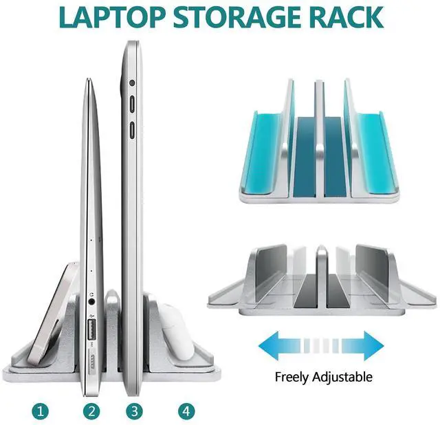 Alt view image 2 of 5 - ULBRE Vertical Laptop Stand for Desk Aluminum Heavy Duty, 4 Slots Adjustable Laptop Holder MacBook Stands Compatible All iPad Surface Samsung HP Chromebook iPad Pro Air Upto 17.5'- Silver