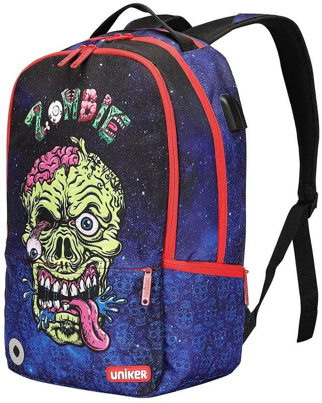 Alt view image 2 of 5 - UNIKER Graffiti School Backpack for Teens,18 Inch Computer Hip Hop Daypack for 15.6 Inch Laptop,Cool Backpack with USB Charging Port,Halloween Skull Gift