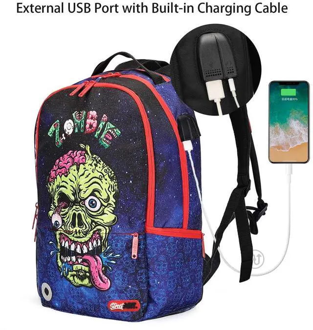 Alt view image 4 of 5 - UNIKER Graffiti School Backpack for Teens,18 Inch Computer Hip Hop Daypack for 15.6 Inch Laptop,Cool Backpack with USB Charging Port,Halloween Skull Gift