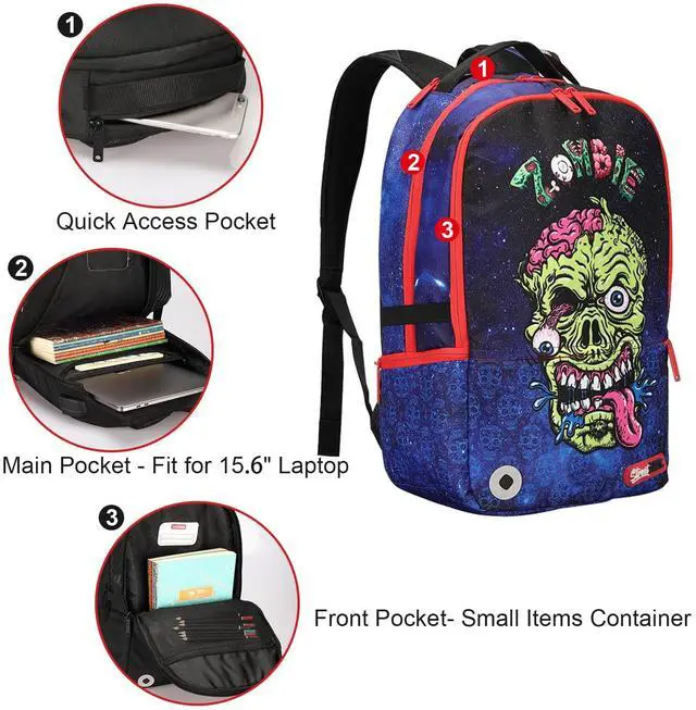 Alt view image 5 of 5 - UNIKER Graffiti School Backpack for Teens,18 Inch Computer Hip Hop Daypack for 15.6 Inch Laptop,Cool Backpack with USB Charging Port,Halloween Skull Gift