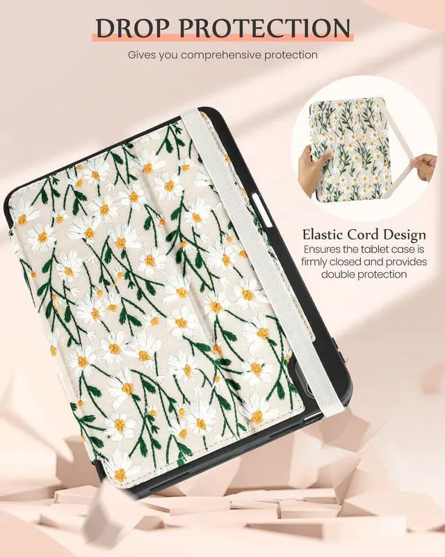 Alt view image 5 of 5 - Uppuppy for iPad 10th Generation Case, for iPad (A16) 11th Generation Case - Women Girls Cute Embroidered Folio Stand Cover with Pencil Holder & Card Slot Girly Kawaii Daisy Flowers Aesthetic Cases