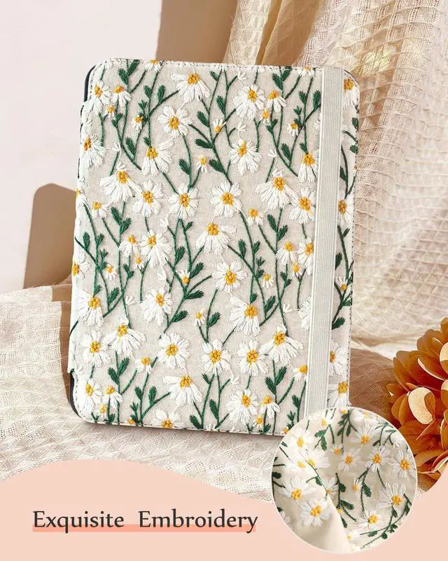 Alt view image 3 of 5 - Uppuppy for iPad 10th Generation Case, for iPad (A16) 11th Generation Case - Women Girls Cute Embroidered Folio Stand Cover with Pencil Holder & Card Slot Girly Kawaii Daisy Flowers Aesthetic Cases