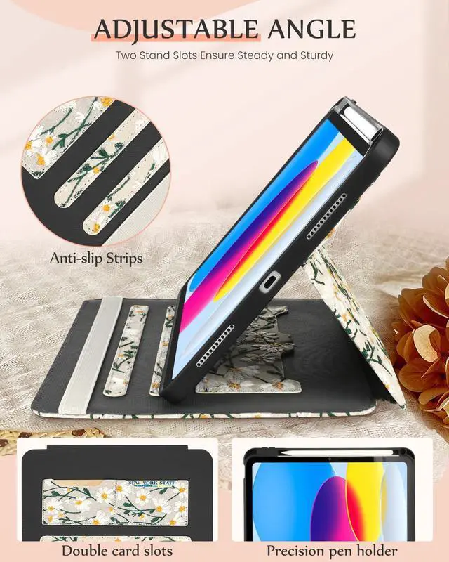 Alt view image 4 of 5 - Uppuppy for iPad 10th Generation Case, for iPad (A16) 11th Generation Case - Women Girls Cute Embroidered Folio Stand Cover with Pencil Holder & Card Slot Girly Kawaii Daisy Flowers Aesthetic Cases