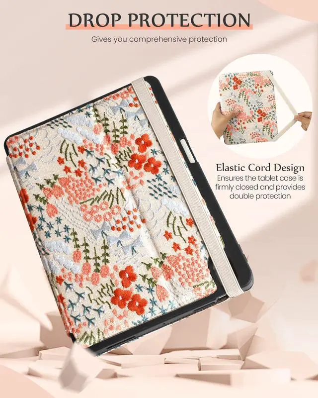 Alt view image 5 of 5 - Uppuppy for iPad 10th Generation Case, for iPad (A16) 11th Generation Case - Women Girls Cute Embroidered Folio Stand Cover with Pencil Holder & Card Slot Kawaii Girly Floral Flower Aesthetic Cases