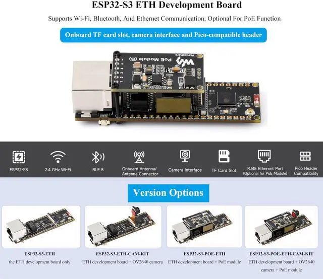 Alt view image 3 of 5 - ESP32-S3 Ethernet Development Board, 10/100Mbps RJ45 Ethernet Port, 240MHz Dual Core Processor, Onboard Type-C Port & TF Card Slot, Support W-i-F-i & BLE & Ethernet Communication, with POE Module