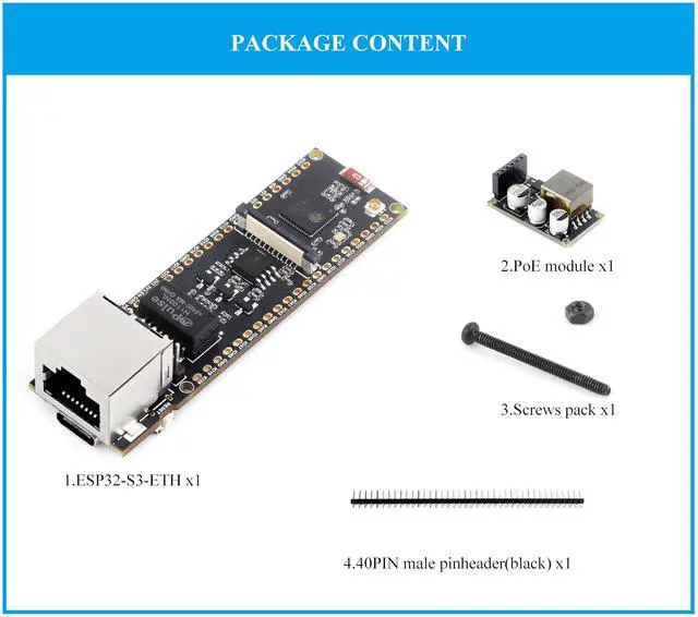 Alt view image 2 of 5 - ESP32-S3 Ethernet Development Board, 10/100Mbps RJ45 Ethernet Port, 240MHz Dual Core Processor, Onboard Type-C Port & TF Card Slot, Support W-i-F-i & BLE & Ethernet Communication, with POE Module