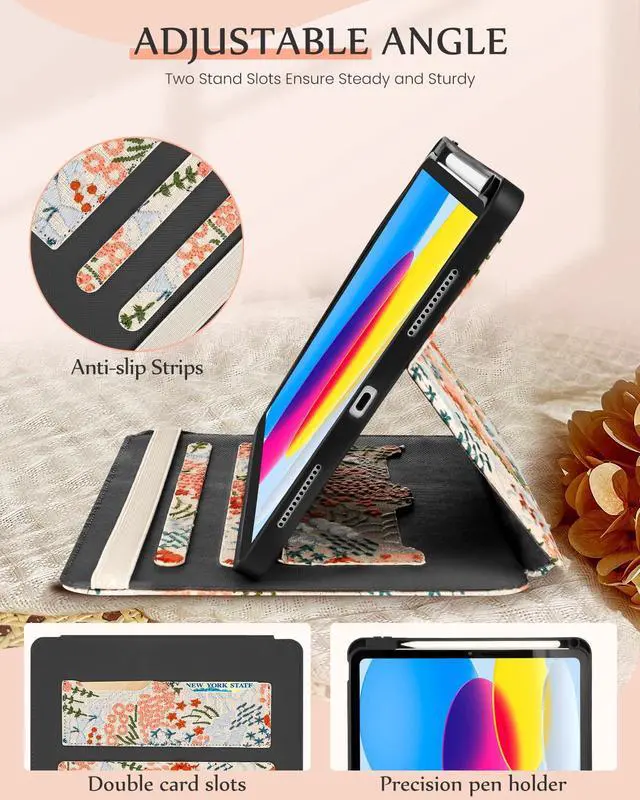 Alt view image 4 of 5 - Uppuppy for iPad 10th Generation Case, for iPad (A16) 11th Generation Case - Women Girls Cute Embroidered Folio Stand Cover with Pencil Holder & Card Slot Kawaii Girly Floral Flower Aesthetic Cases