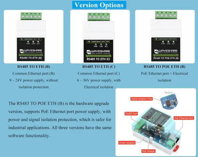 Alt view image 3 of 5 - Industrial Isolated RS485 to RJ45 Ethernet Serial Server, TCP/IP to Serial, 6~36V Power Supply, Support Rail-Mount/Modbus Gateway, TCP Server/TCP Client/UDP Mode, with Electrical Isolation