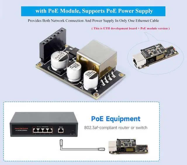 Alt view image 5 of 5 - ESP32-S3 Ethernet Development Board, 10/100Mbps RJ45 Ethernet Port, 240MHz Dual Core Processor, Onboard Type-C Port & TF Card Slot, Support W-i-F-i & BLE & Ethernet Communication, with POE Module