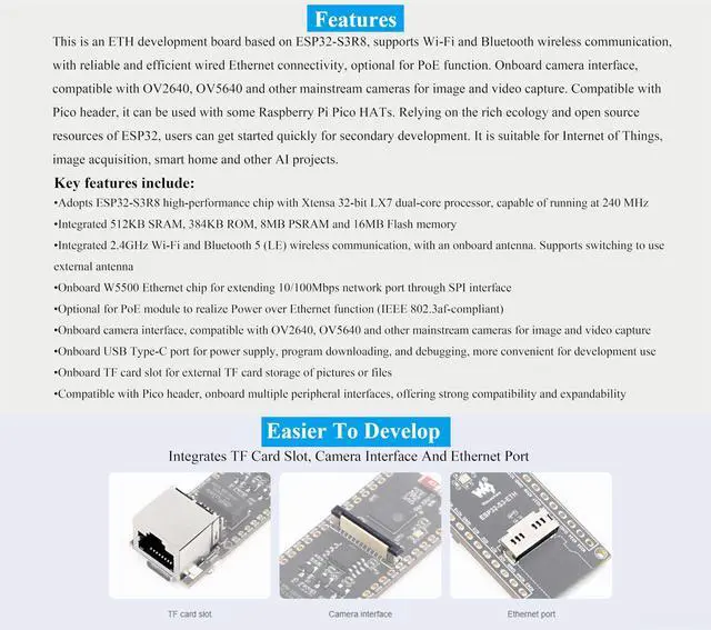 Alt view image 4 of 5 - ESP32-S3 Ethernet Development Board, 10/100Mbps RJ45 Ethernet Port, 240MHz Dual Core Processor, Onboard Type-C Port & TF Card Slot, Support W-i-F-i & BLE & Ethernet Communication, with POE Module