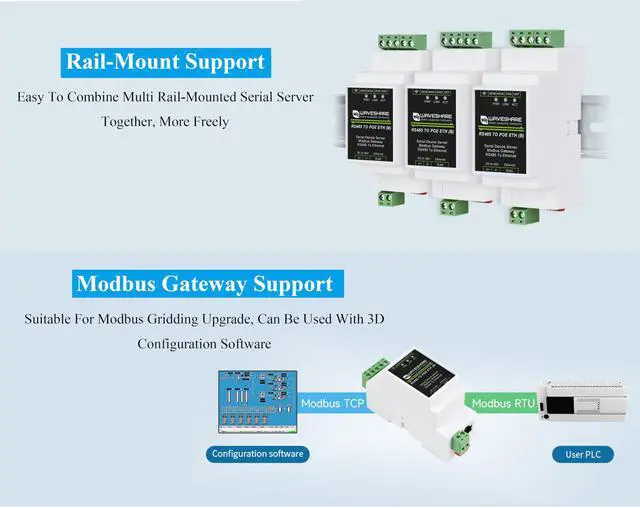 Alt view image 5 of 5 - Industrial Isolated RS485 to RJ45 Ethernet Serial Server, TCP/IP to Serial, 6~36V Power Supply, Support Rail-Mount/Modbus Gateway, TCP Server/TCP Client/UDP Mode, with Electrical Isolation