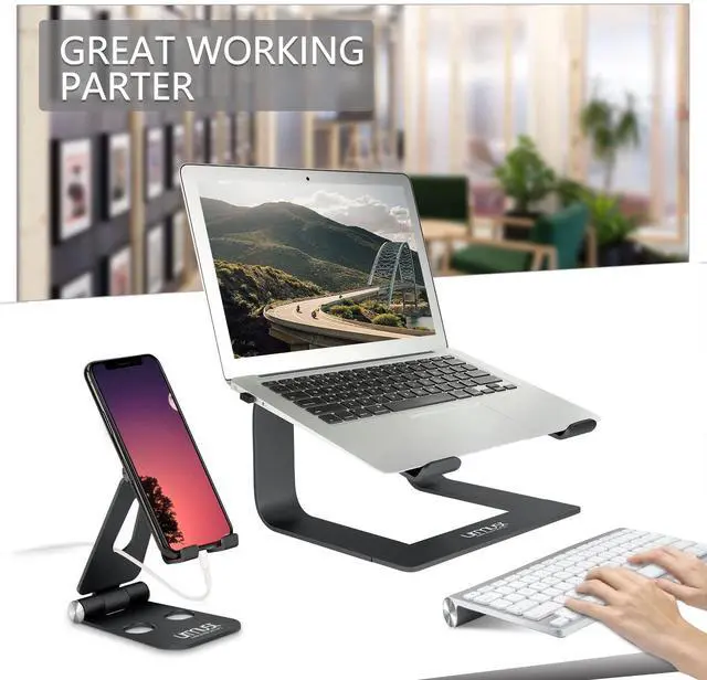 Alt view image 4 of 5 - Urmust Ergonomic Laptop Stand Black + Detachable Laptop Riser Black