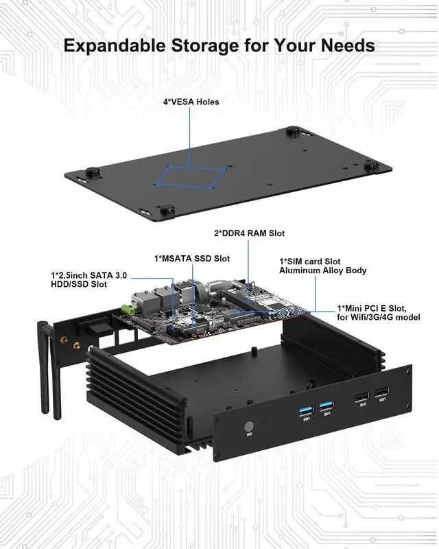 Alt view image 3 of 5 - VENOEN Industrial Mini PC, Fanless PC I7, Industrial Computer, Core i7 8550U, W11 Pro, HD1.4, VGA, Dual Display, 6 RS232 COM, RJ45 LAN, USB, SIM Slot, WLAN, BT4.0, WOL, RAID, 16GB RAM 512GB SSD