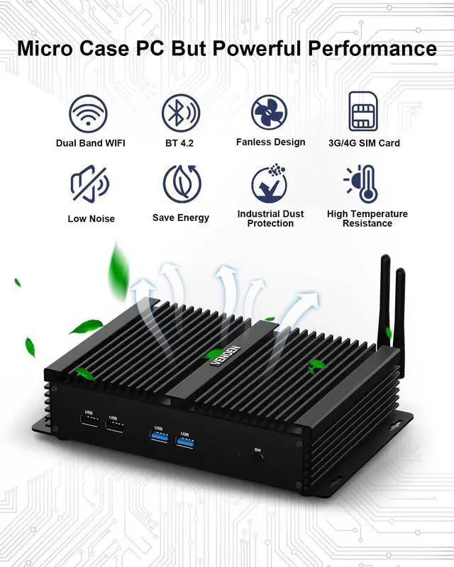 Alt view image 4 of 5 - VENOEN Industrial Mini PC, Fanless PC I7, Industrial Computer, Core i7 8550U, W11 Pro, HD1.4, VGA, Dual Display, 6 RS232 COM, RJ45 LAN, USB, SIM Slot, WLAN, BT4.0, WOL, RAID, 16GB RAM 512GB SSD