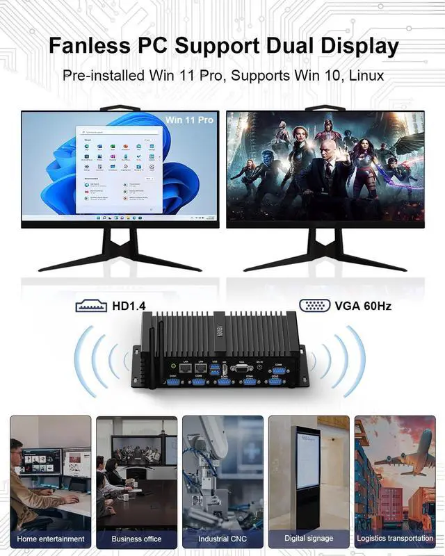 Alt view image 5 of 5 - VENOEN Industrial Mini PC, Fanless PC I7, Industrial Computer, Core i7 8550U, W11 Pro, HD1.4, VGA, Dual Display, 6 RS232 COM, RJ45 LAN, USB, SIM Slot, WLAN, BT4.0, WOL, RAID, 16GB RAM 512GB SSD