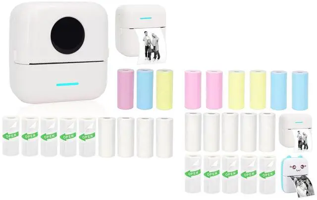 Main image of Vicbear Mini Portable Printer Set with 12 Rolls Printing Paper + 16 Rolls Thermal Paper Set, Including Sticker/Colored Plain/White Plain Paper, White
