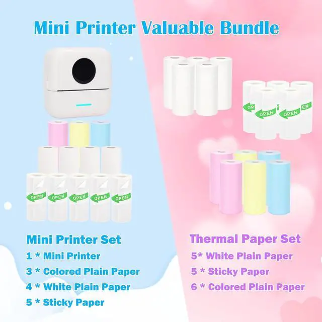 Alt view image 2 of 5 - Vicbear Mini Portable Printer Set with 12 Rolls Printing Paper + 16 Rolls Thermal Paper Set, Including Sticker/Colored Plain/White Plain Paper, White