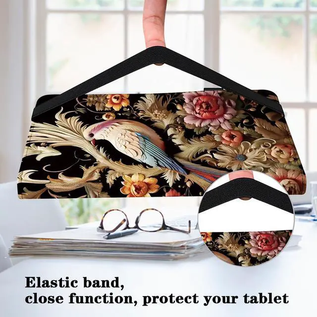 Alt view image 4 of 5 - VODEFOX for Kindle Fire HD 10 Case 9th/7th/5th Generation 10.1 Inch (2019/2017/2015),PU Leather Folio Wallet Shockproof Cover with Pencil Holder Elastic Band 10.1" - Flower Birds