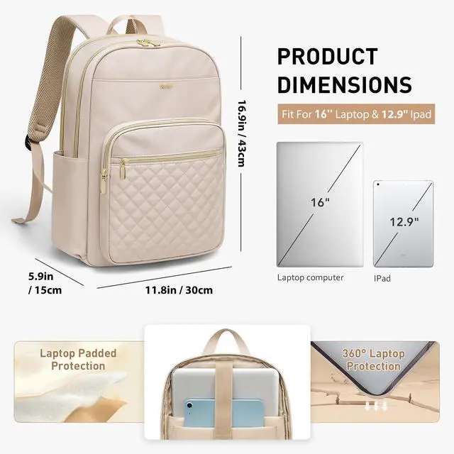 Alt view image 3 of 5 - VNINE Laptop Backpack for Women Fits 16 Inch Travel Computer Bag Ladies Stylish Travel Bags Womens Fashion Bag for Business Bags Casual Daypacks Beige