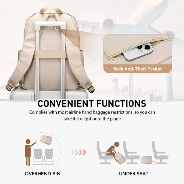 Alt view image 5 of 5 - VNINE Laptop Backpack for Women Fits 16 Inch Travel Computer Bag Ladies Stylish Travel Bags Womens Fashion Bag for Business Bags Casual Daypacks Beige