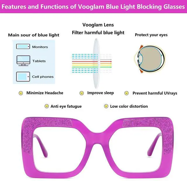 Alt view image 3 of 5 - VOOGLAM Oversize Square Non Prescription Glasses for Women Blue Light & UV400 Blocking Stylish Frames Purple Acetate for Computer/Phones/TV