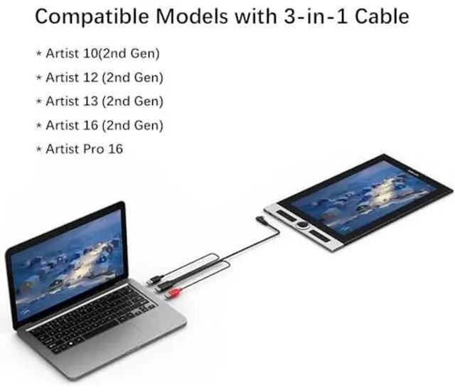 Alt view image 2 of 4 - Spaseeba 3 in 1 Cable for graphic tablet Pen display Artist 10(2nd Gen), Artist 12 (2nd Gen), Artist 13 (2nd Gen), Artist 16 (2nd Gen), Artist Pro 16, for Graphics Drawing Tablet Monitor Display