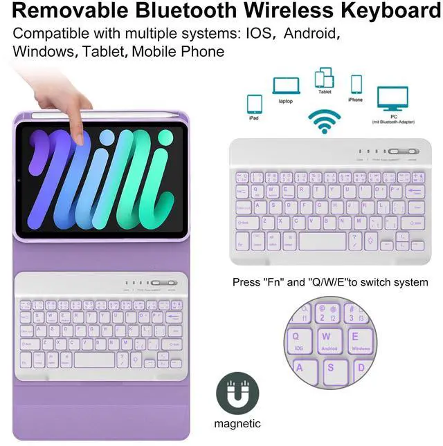 Alt view image 2 of 5 - WINCHKING Backlit Keyboard Case for iPad mini (A17 Pro) 7th Generation/6th Gen 8.3 Inch,7-Color Backlit,Detachable Wiress Keyboard Folio Smart Case with Pencil Holder for iPad mini 7/6,Light Purple