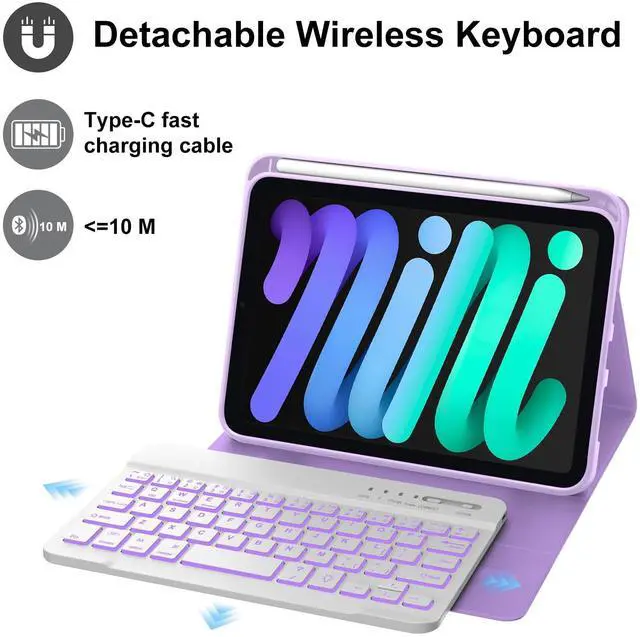 Alt view image 5 of 5 - WINCHKING Backlit Keyboard Case for iPad mini (A17 Pro) 7th Generation/6th Gen 8.3 Inch,7-Color Backlit,Detachable Wiress Keyboard Folio Smart Case with Pencil Holder for iPad mini 7/6,Light Purple