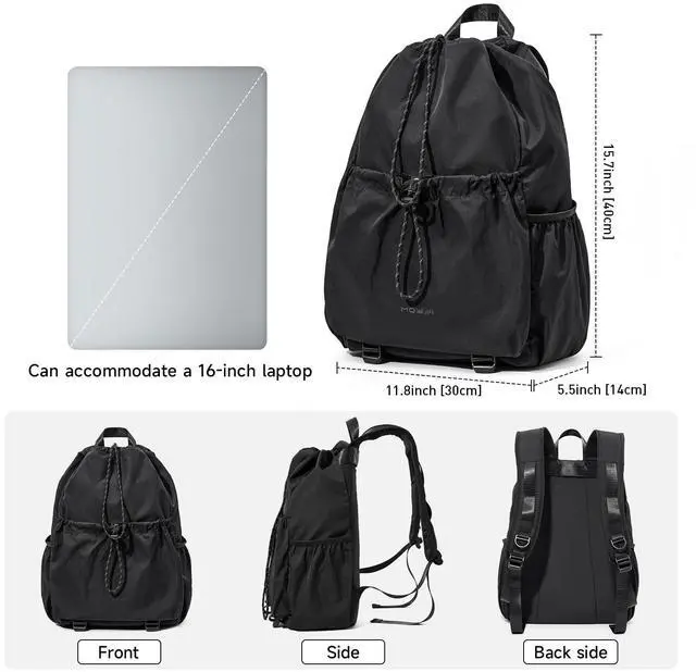 Alt view image 2 of 5 - XINDING Travel Backpack for Men Women Lightweight Casual Daypacks with 16 Inch Laptop Compartment, Drawstring Hiking Backpack for Sports (Black)