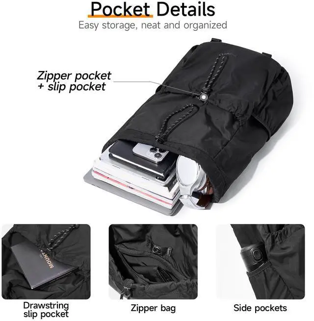 Alt view image 3 of 5 - XINDING Travel Backpack for Men Women Lightweight Casual Daypacks with 16 Inch Laptop Compartment, Drawstring Hiking Backpack for Sports (Black)