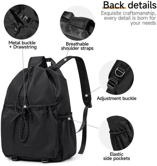 Alt view image 4 of 5 - XINDING Travel Backpack for Men Women Lightweight Casual Daypacks with 16 Inch Laptop Compartment, Drawstring Hiking Backpack for Sports (Black)