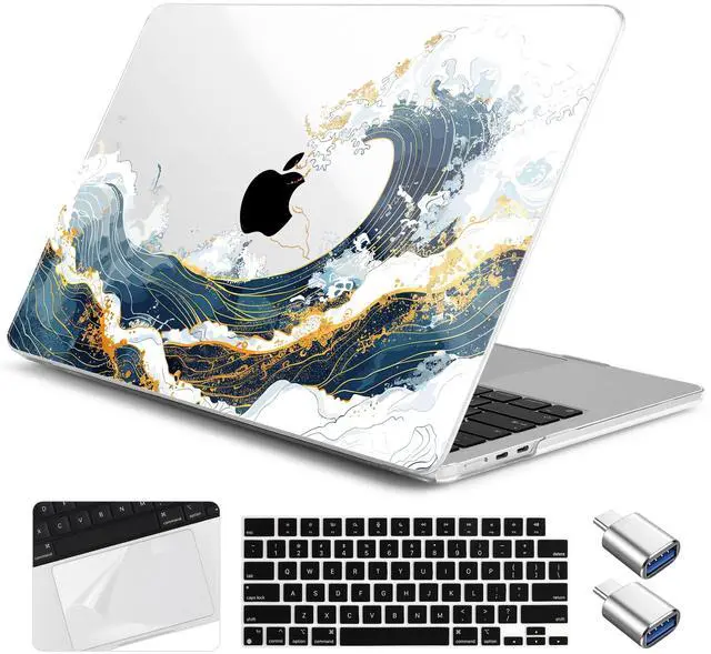 Main image of Yebiseven for M4 MacBook Air 15 inch Case 2025 2024 2023 Released A3241 A3114 M3 A2941 M2, Hard Shell Laptop Case with Keyboard Cover & Trackpad Film & 2 OTG Adapters, Wave Illustration