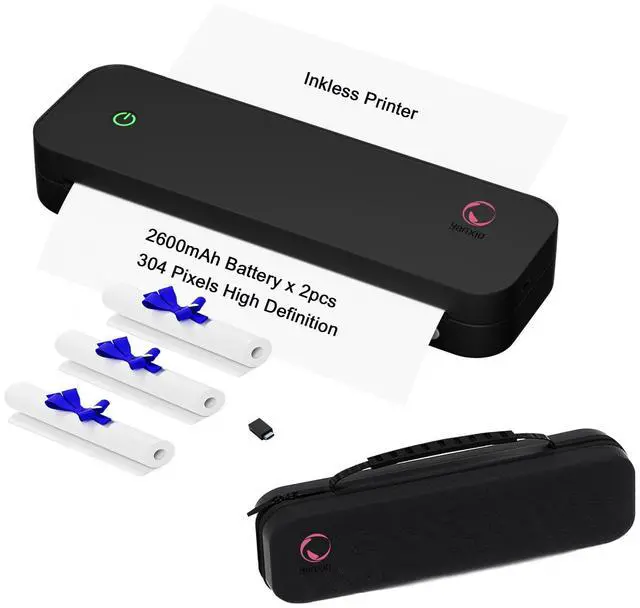 Main image of yanxio Portable Printer with case and Paper, Portable Printers Wireless for Travel, Inkless Printer, Support A4&Letter Thermal Paper, Support iOS, Android, Windows (with Case + 3 Roll Papers, Black)