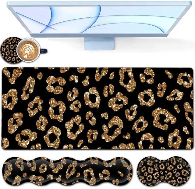Main image of Desk Pad, Keyboard Mouse Pad Set, Extended Gaming Mouse Pad+ Ergonomics Memory Foam Wrist Rest Support,31.5x11.8in Waterproof Large Mouse Pad for Home Office,Gold Leopard Pattern Black XXL Mouse Mat